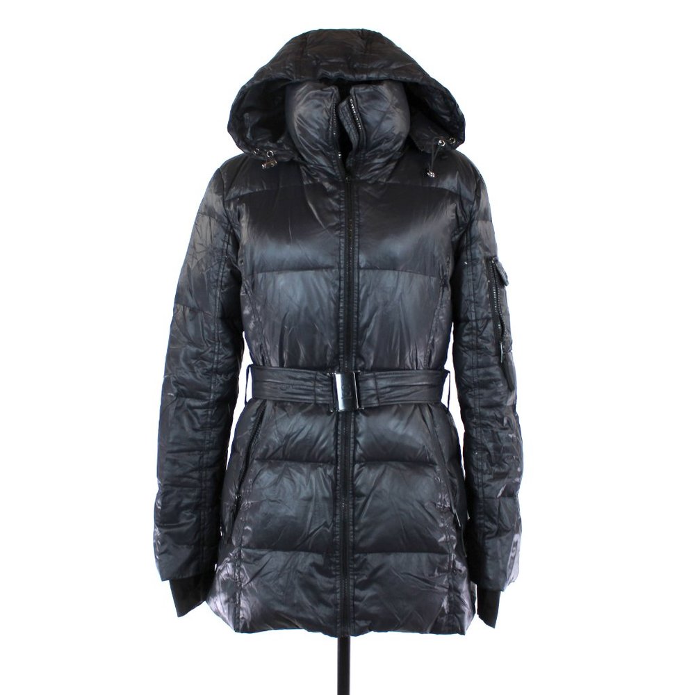 S13 Insulated Down Filled Belted Black Hooded Parka Coat M Puffer Jacket NYC